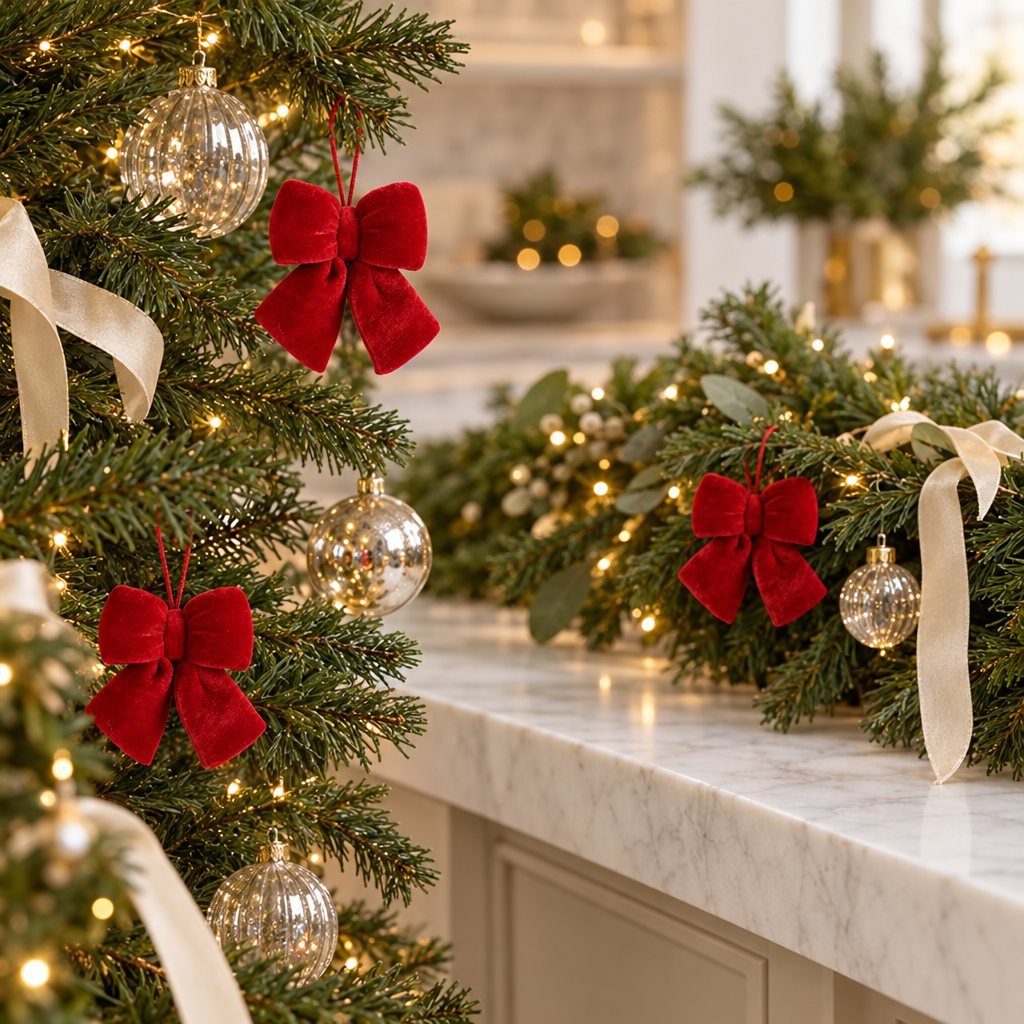 Red velvet bows on a lit Christmas tree and an evergreen garland with gold ornaments and cream ribbon, beside a white marble kitchen island