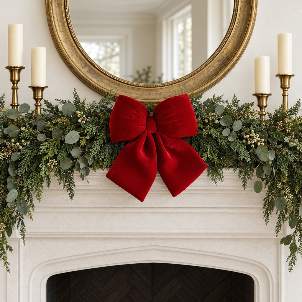 Red velvet bow on an evergreen garland on a white mantel, with ivory candles in gold holders and a gold-framed round mirror above