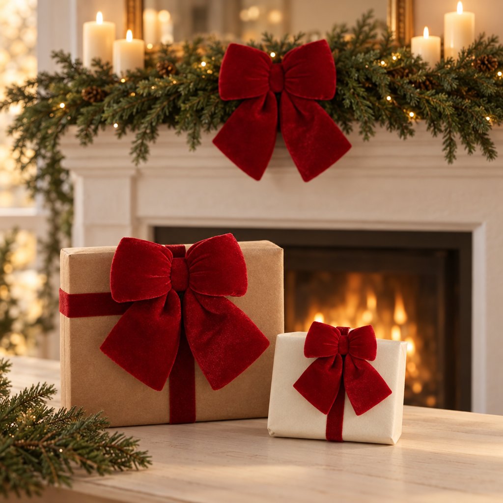 Large red velvet bow on an evergreen garland above a white fireplace mantel with candles, and red velvet bows on gift boxes in front of a lit fireplace