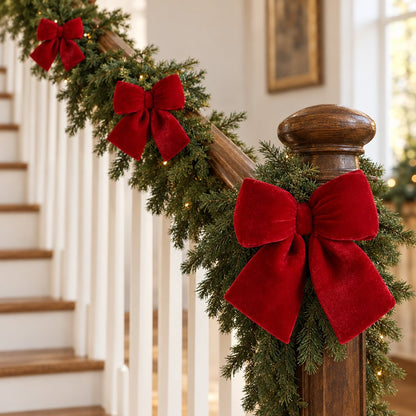 Red velvet bows tied along an evergreen garland on a white staircase banister with a carved wood newel post