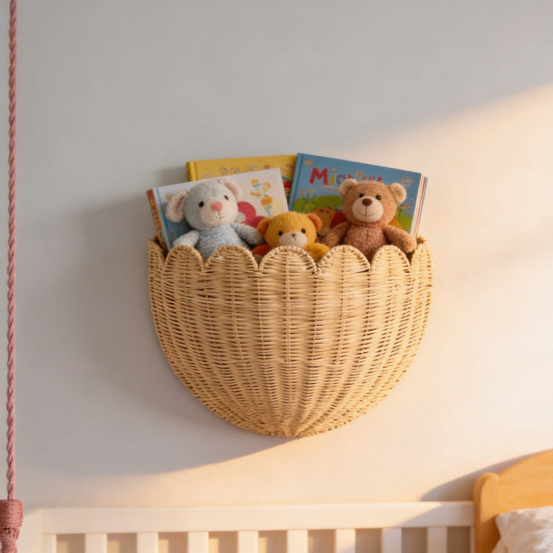 Woven wall basket with toys and books hanging on a light gray wall.