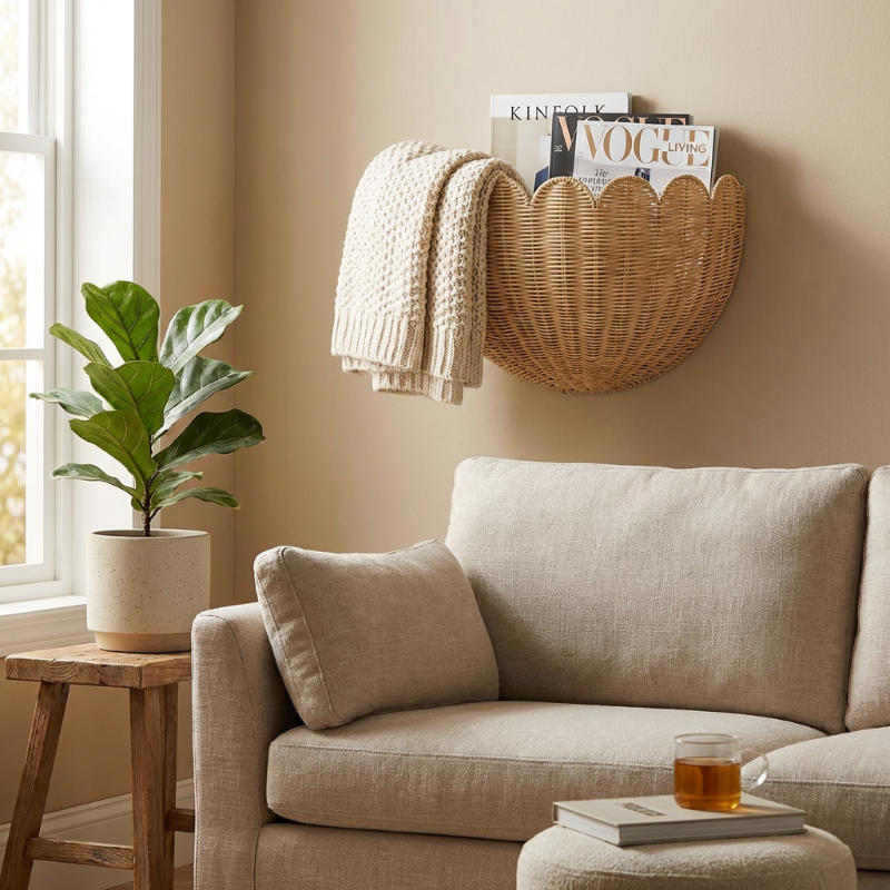 Beige sofa in a living room with a plant, stool, and wall-mounted basket.