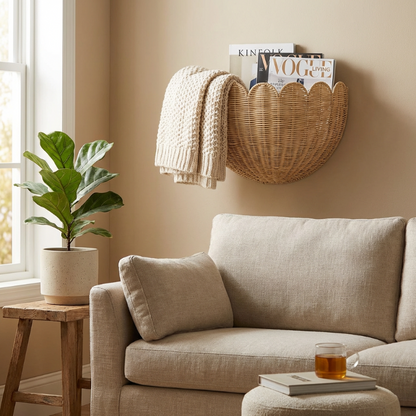 Beige sofa in a living room with a plant, stool, and wall-mounted basket.