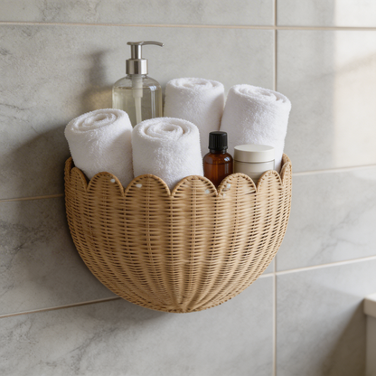 Wicker basket with rolled towels and bathroom items on a tiled wall