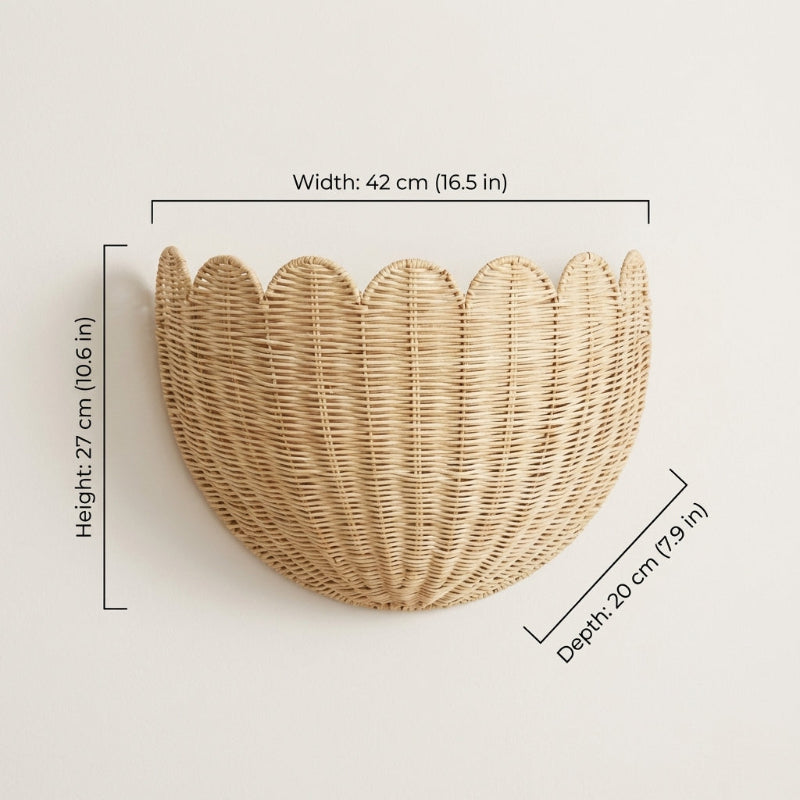 Woven wall basket with dimensions on a light gray background