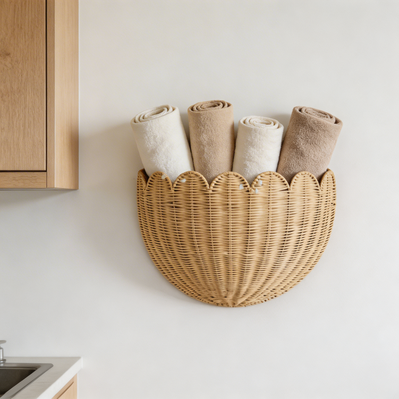 Wicker basket with rolled-up towels on a kitchen wall