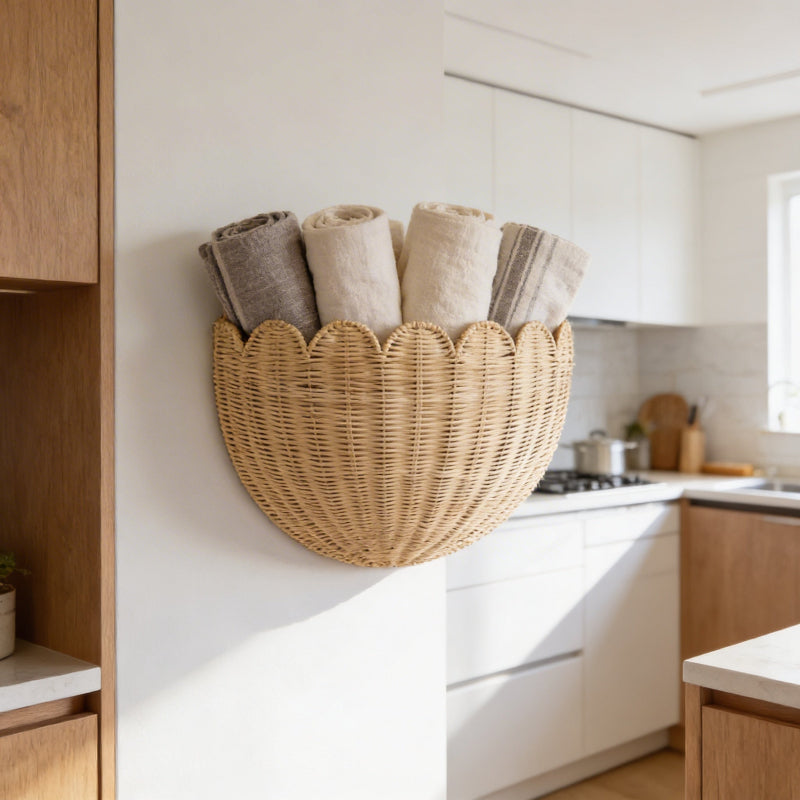 Woven basket with rolled towels hanging on a kitchen wall