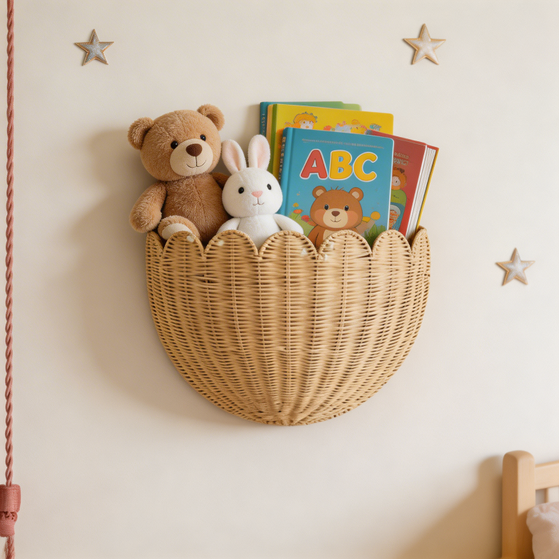 Wicker basket with toys and books on a wall