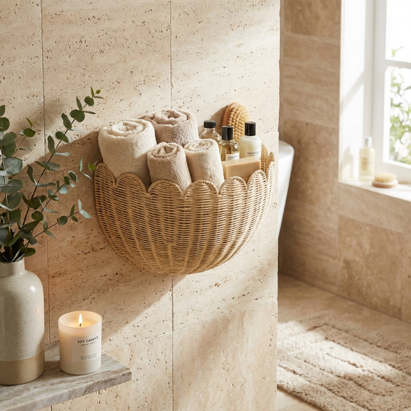Bathroom with a wicker basket holding towels, a candle on a shelf, and a window letting in natural light.