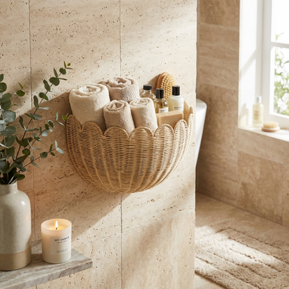 Bathroom with a wicker basket holding towels, a candle on a shelf, and a window letting in natural light.
