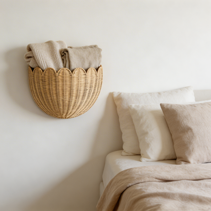 Wicker basket with folded blankets on a wall above a bed with beige bedding.