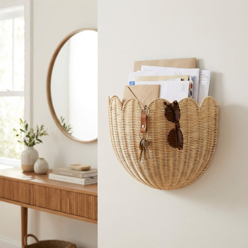 Wicker wall basket holding mail and sunglasses on a white wall next to a wooden console table with a mirror.
