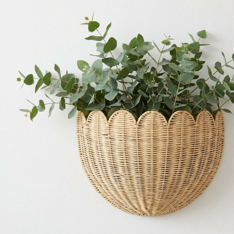 Wicker wall planter with greenery on a white background