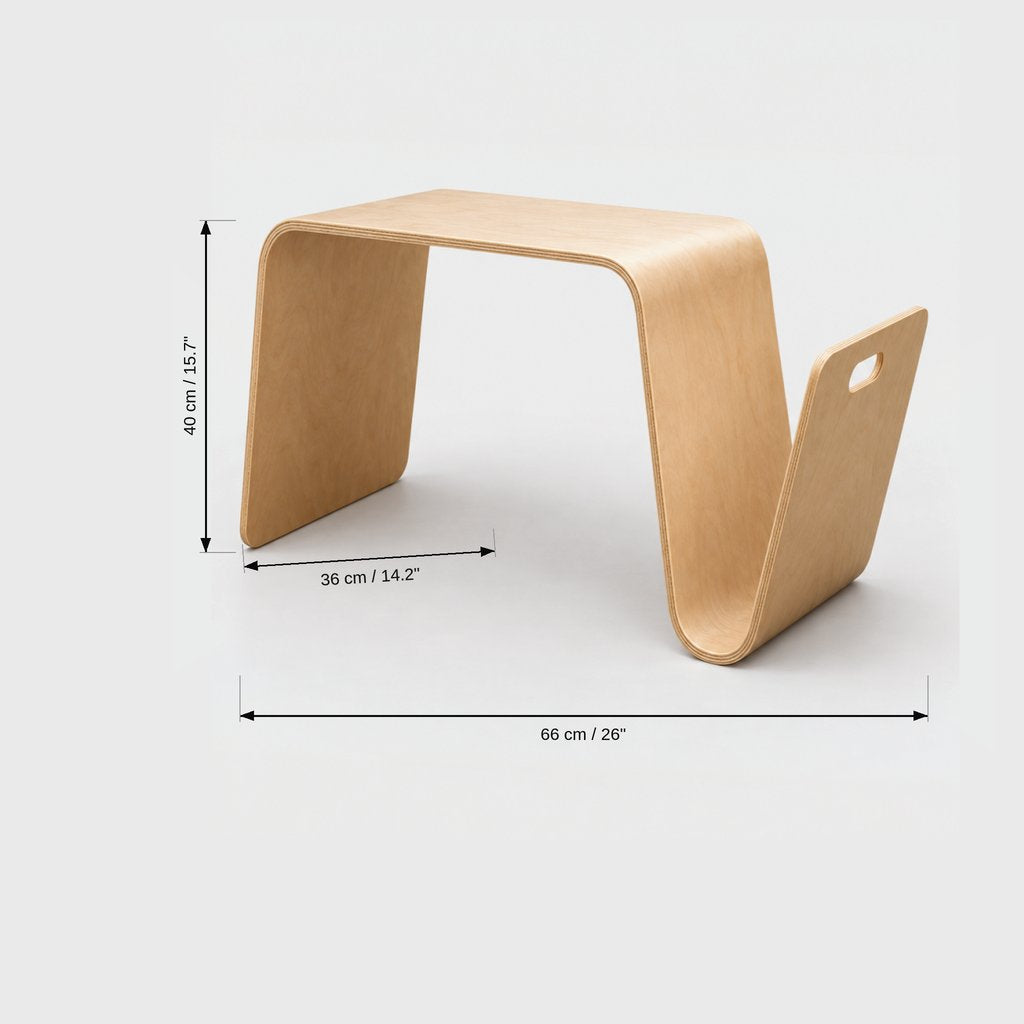 Light wood curved side table dimensions graphic: height 40 cm or 15.7 in, 36 cm or 14.2 in along the base, overall length 66 cm or 26 in