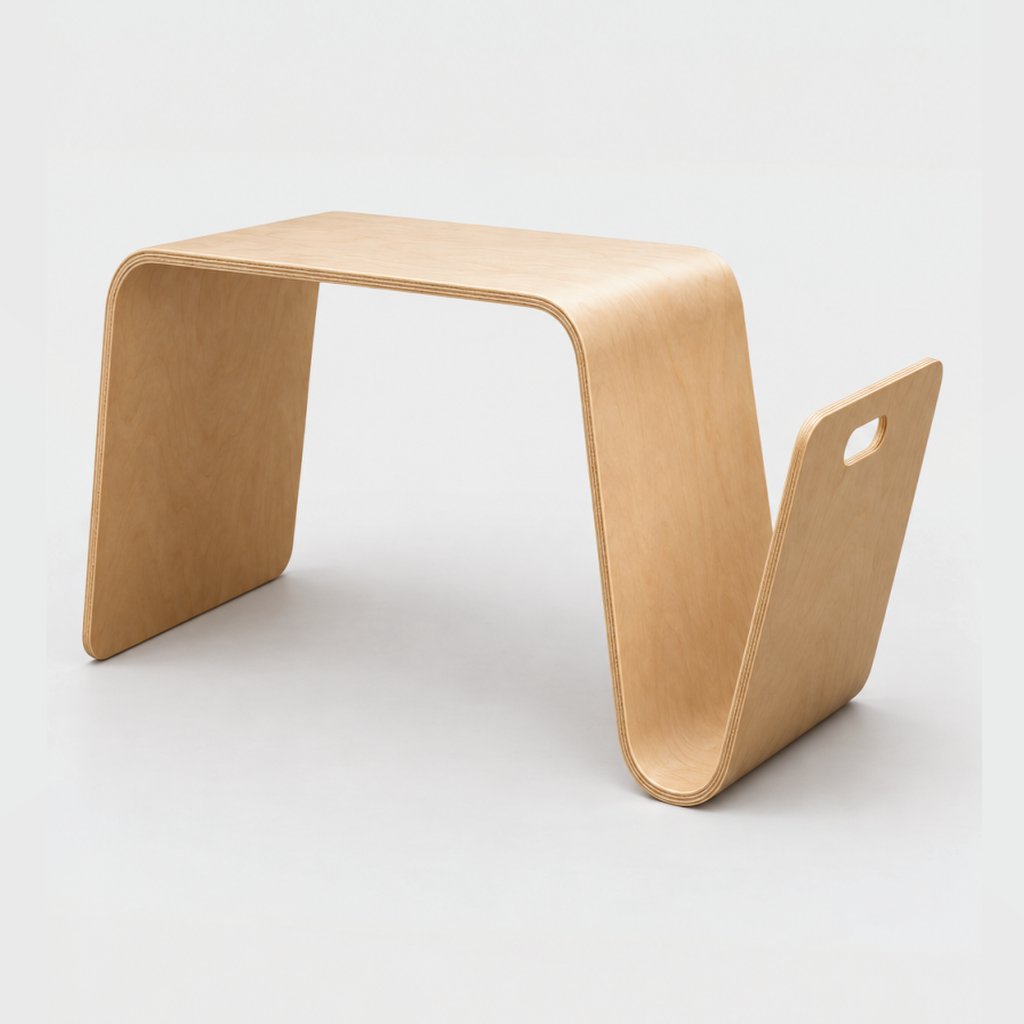 Light wood curved side table with a handle cutout in the slot end, on a plain light gray background