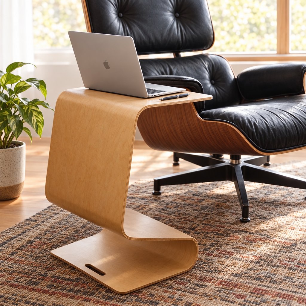 Light wood curved side table with a slot at one end, holding a laptop in front of a black lounge chair on a patterned rug, with a potted plant at left near a window