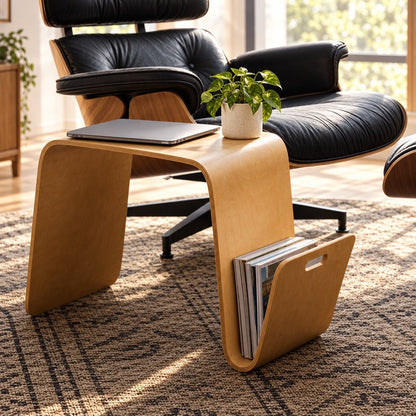 Light wood curved side table with a laptop and a small potted plant on top and magazines in the side slot, beside a black lounge chair on a patterned rug