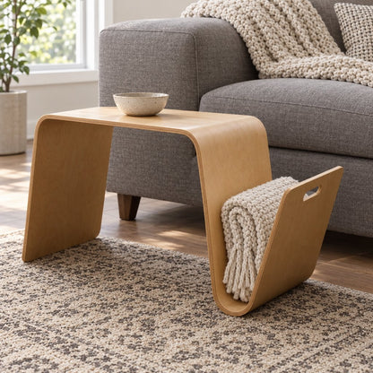Light wood curved side table with a small bowl on top beside a gray sofa, with a cream fringed throw in the side slot on a patterned rug