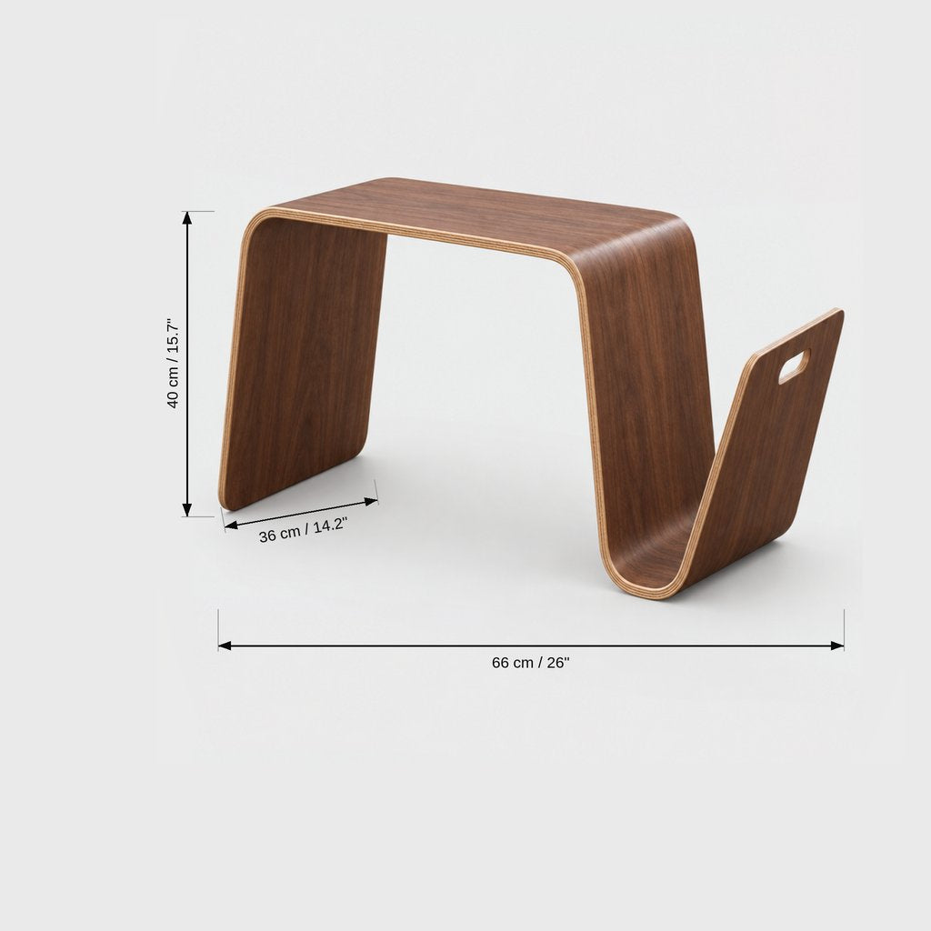 Dark brown wood curved side table dimensions graphic: height 40 cm or 15.7 in, 36 cm or 14.2 in along the base, overall length 66 cm or 26 in