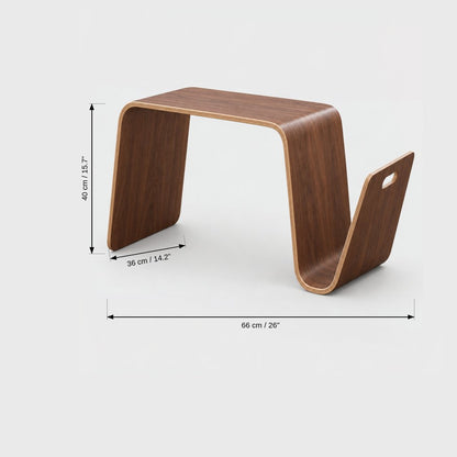 Dark brown wood curved side table dimensions graphic: height 40 cm or 15.7 in, 36 cm or 14.2 in along the base, overall length 66 cm or 26 in