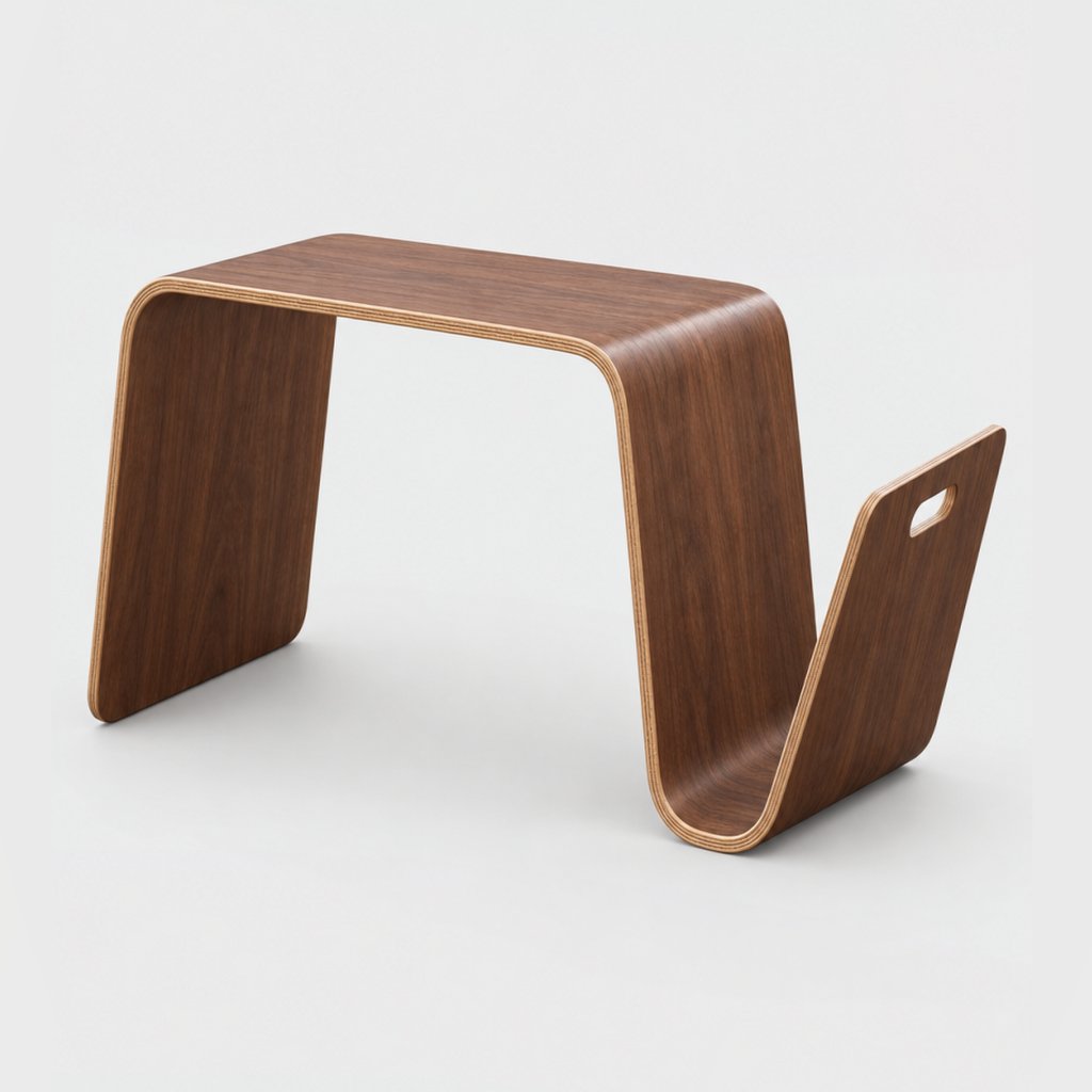 Dark brown wood curved side table with a handle cutout in the slot end, on a plain light gray background