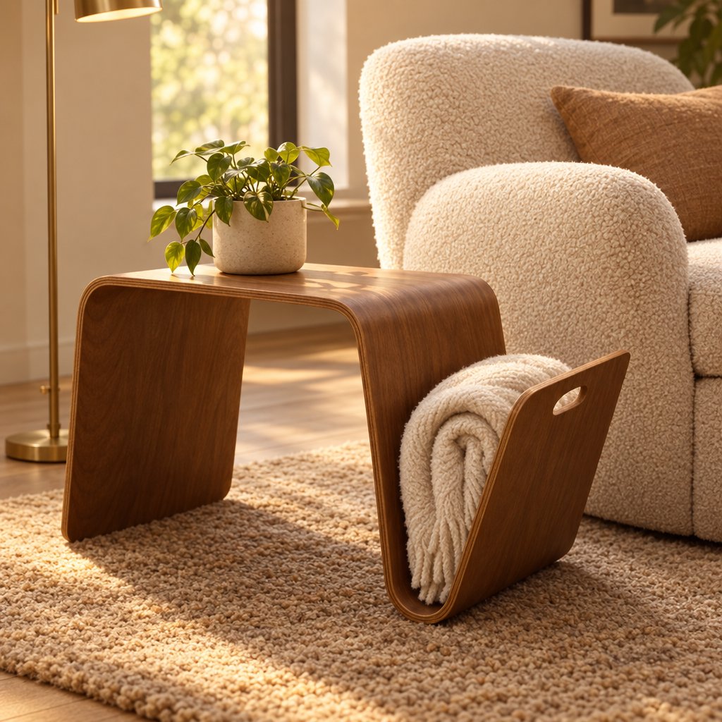 Dark brown wood curved side table beside a cream textured armchair with a potted plant on top and a cream throw in the side slot, on a woven rug near a window