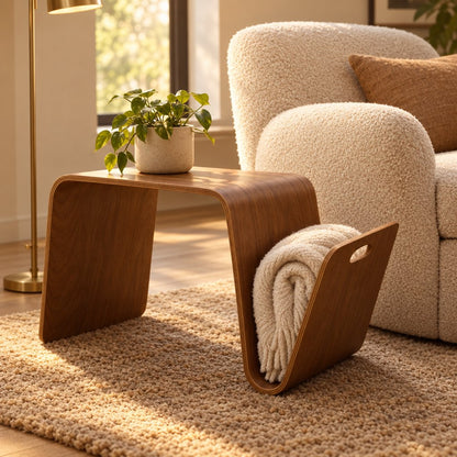 Dark brown wood curved side table beside a cream textured armchair with a potted plant on top and a cream throw in the side slot, on a woven rug near a window