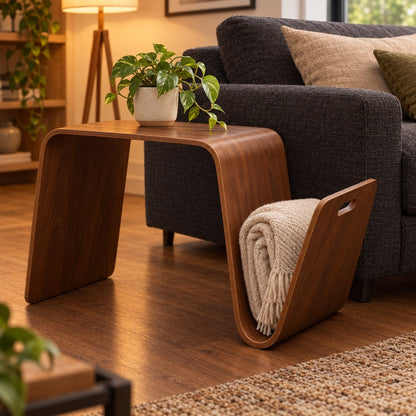 Dark brown wood curved side table beside a dark gray sofa with a potted plant on top and a cream knit throw tucked into the side slot, floor lamp and wood floor behind