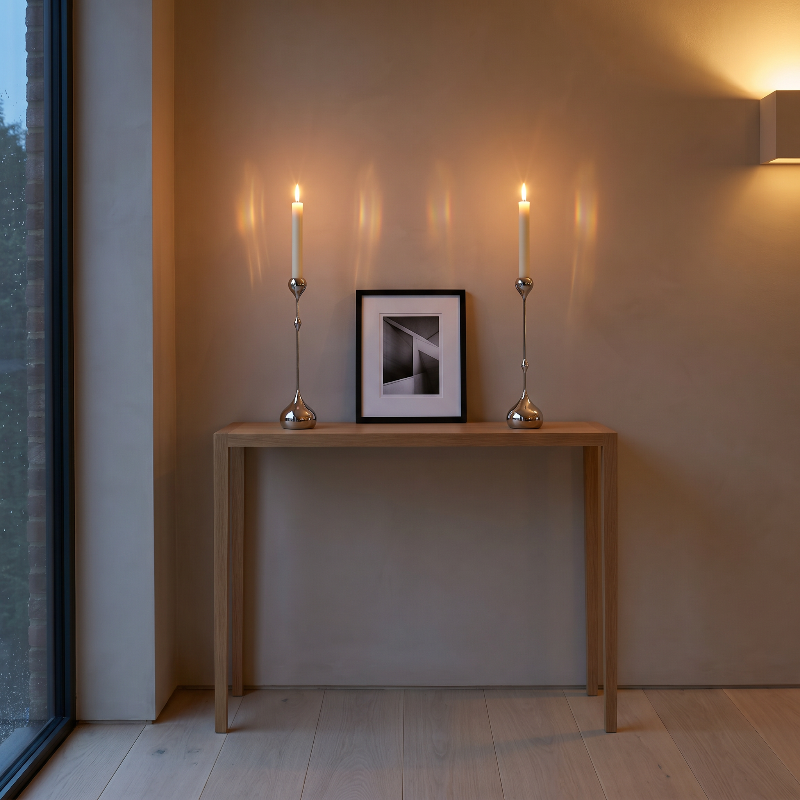 Minimalist interior with a wooden console table, framed picture, and two lit candles against a neutral wall.
