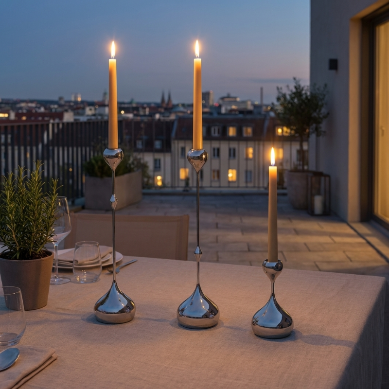 Three lit candles in decorative holders on a table with a cityscape in the background.