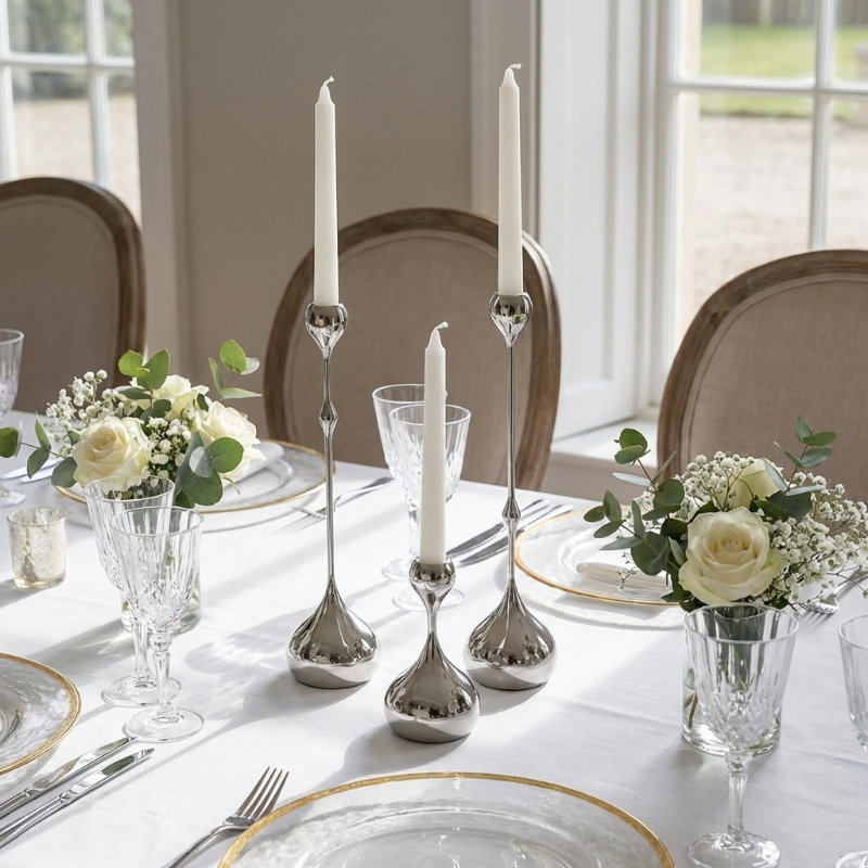 Elegant table setting with silver candle holders, white candles, and floral arrangements.