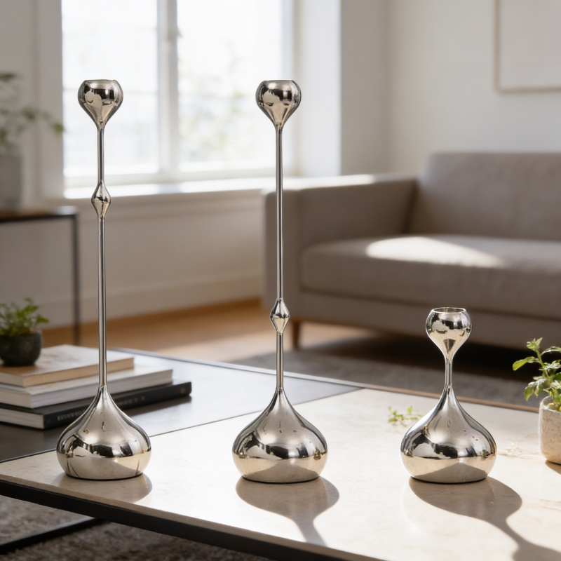 Set of three silver decorative vases on a coffee table in a living room.