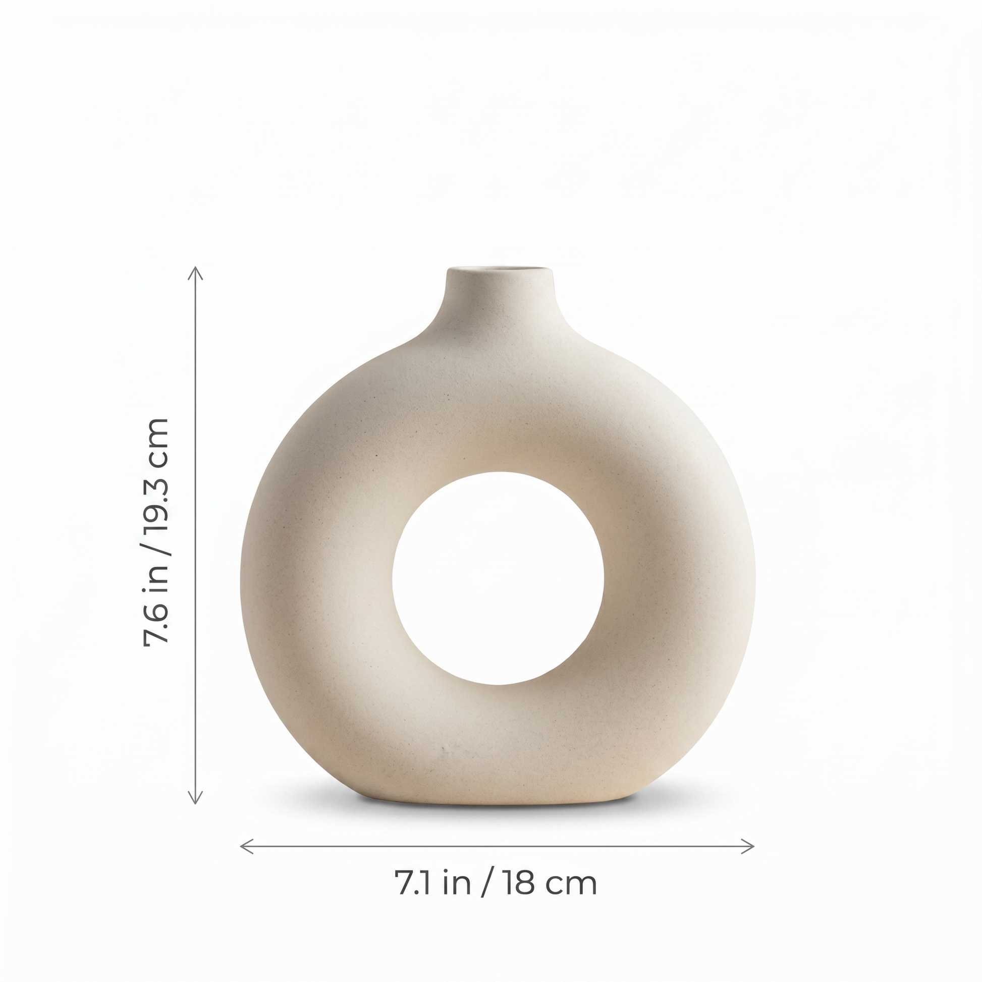 Sculptural Ring Ceramic Vase dimensions diagram showing height and width measurements in inches and centimeters