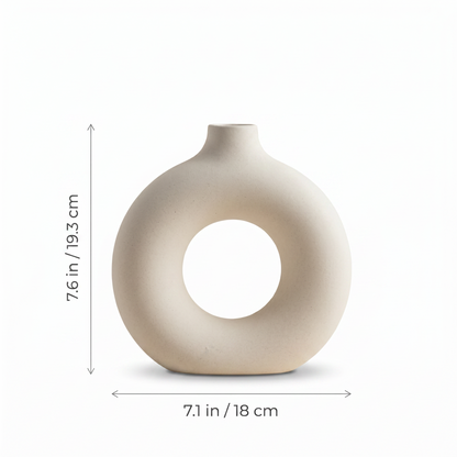 Sculptural Ring Ceramic Vase dimensions diagram showing height and width measurements in inches and centimeters