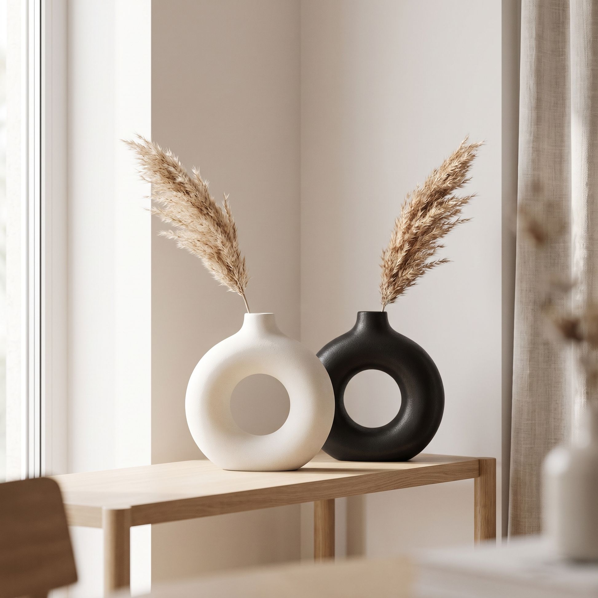 Sculptural Ring Ceramic Vases shown together in white and black, minimalist Nordic ring-shaped decor