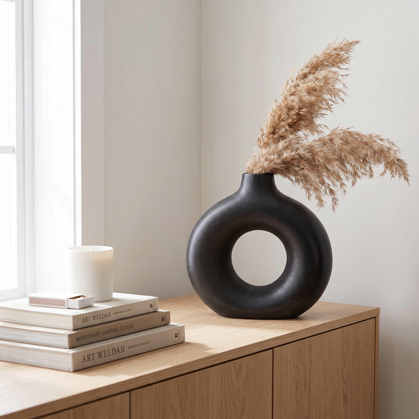 Black Sculptural Ring Ceramic Vase styled on a sideboard as a modern decorative accent