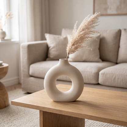 White Sculptural Ring Ceramic Vase styled on a modern coffee table in a bright living room