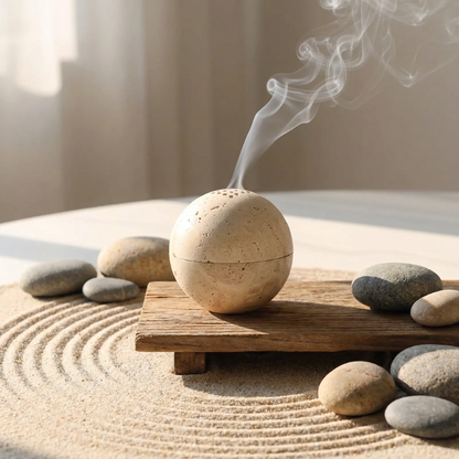 Travertine incense burner with smoke on a wooden platform surrounded by stones and sand