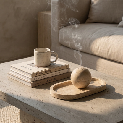 Ceramic mug on books with a wooden ball and tray on a stone surface, with a blurred sofa in the background.