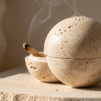 Stone incense burner with smoke and a wooden incense stick on a neutral background