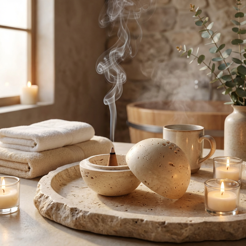 A serene setting with a stone tray holding candles, a incense burner, and a towel, with a blurred background.