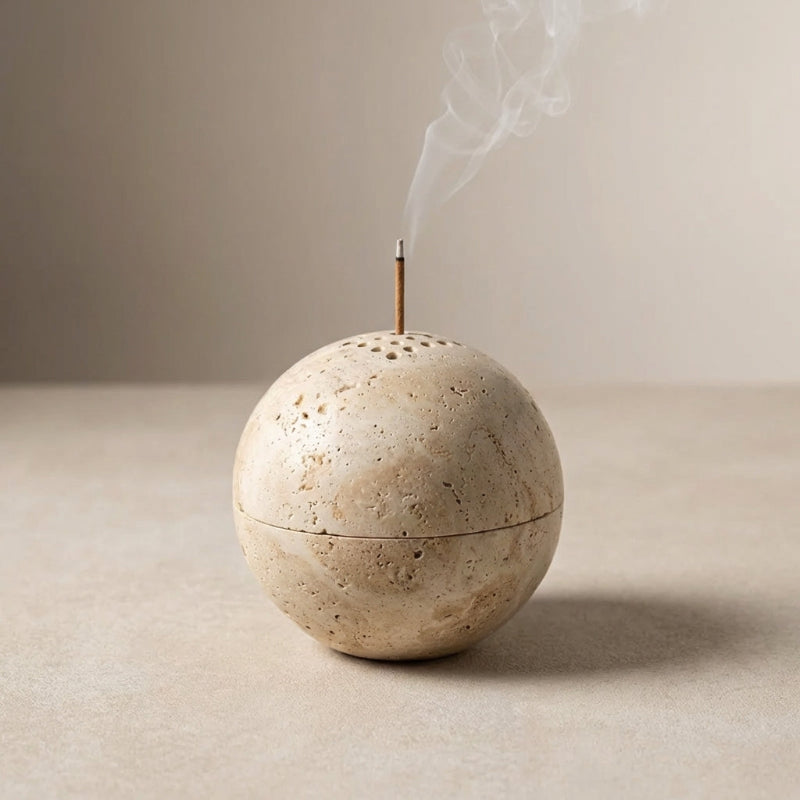 Stone incense burner with a single incense stick emitting smoke on a neutral background