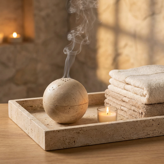 Decorative stone diffuser with smoke, candle, and towels on a wooden tray.
