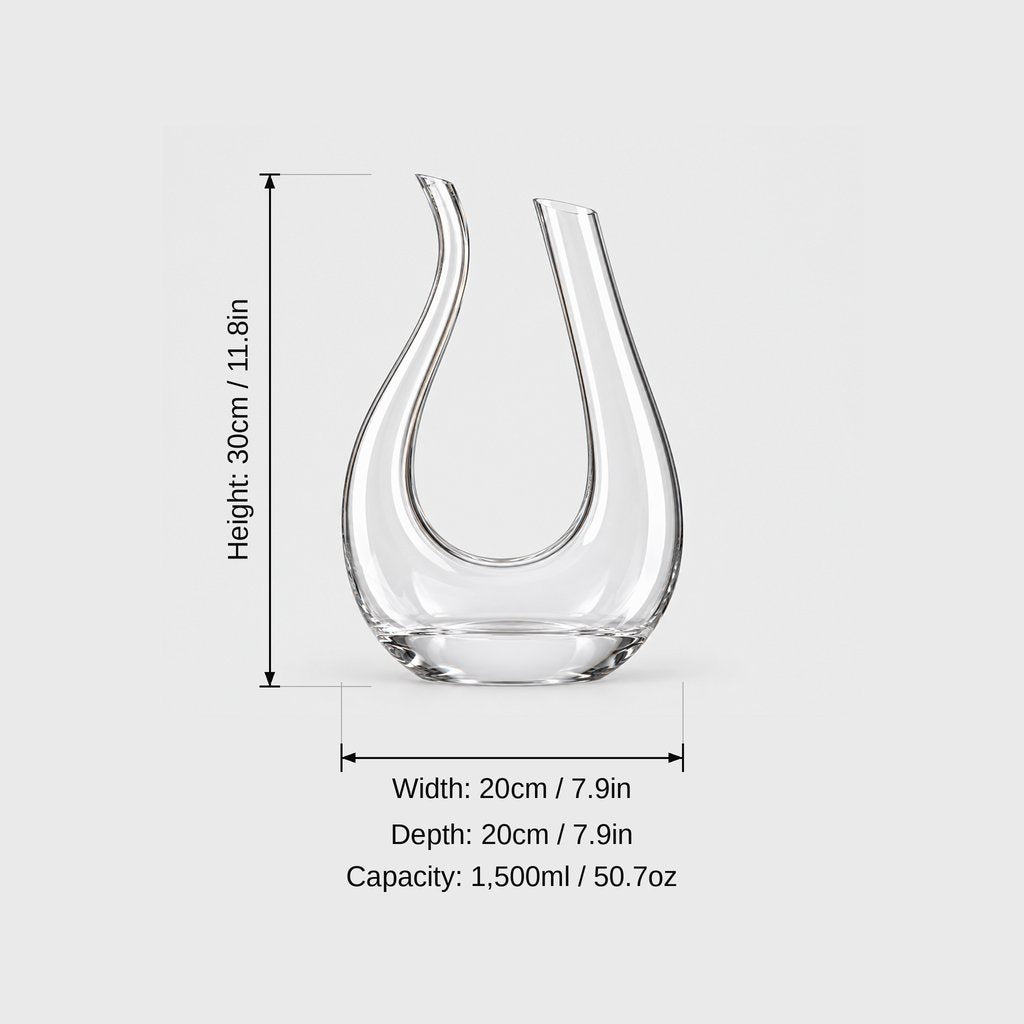 Clear U shaped glass wine decanter on a light grey background with dimensions labeled Height 30 cm or 11.8 in, Width 20 cm or 7.9 in, Depth 20 cm or 7.9 in and Capacity 1500 ml or 50.7 oz