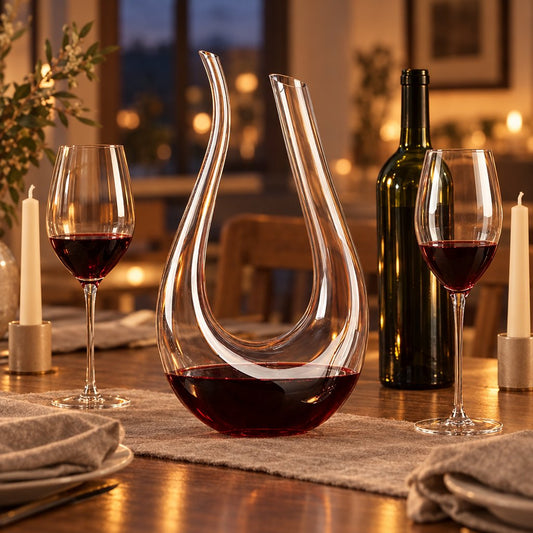 Clear U shaped glass wine decanter holding red wine on a dinner table beside two glasses of red wine, a wine bottle and lit white candles
