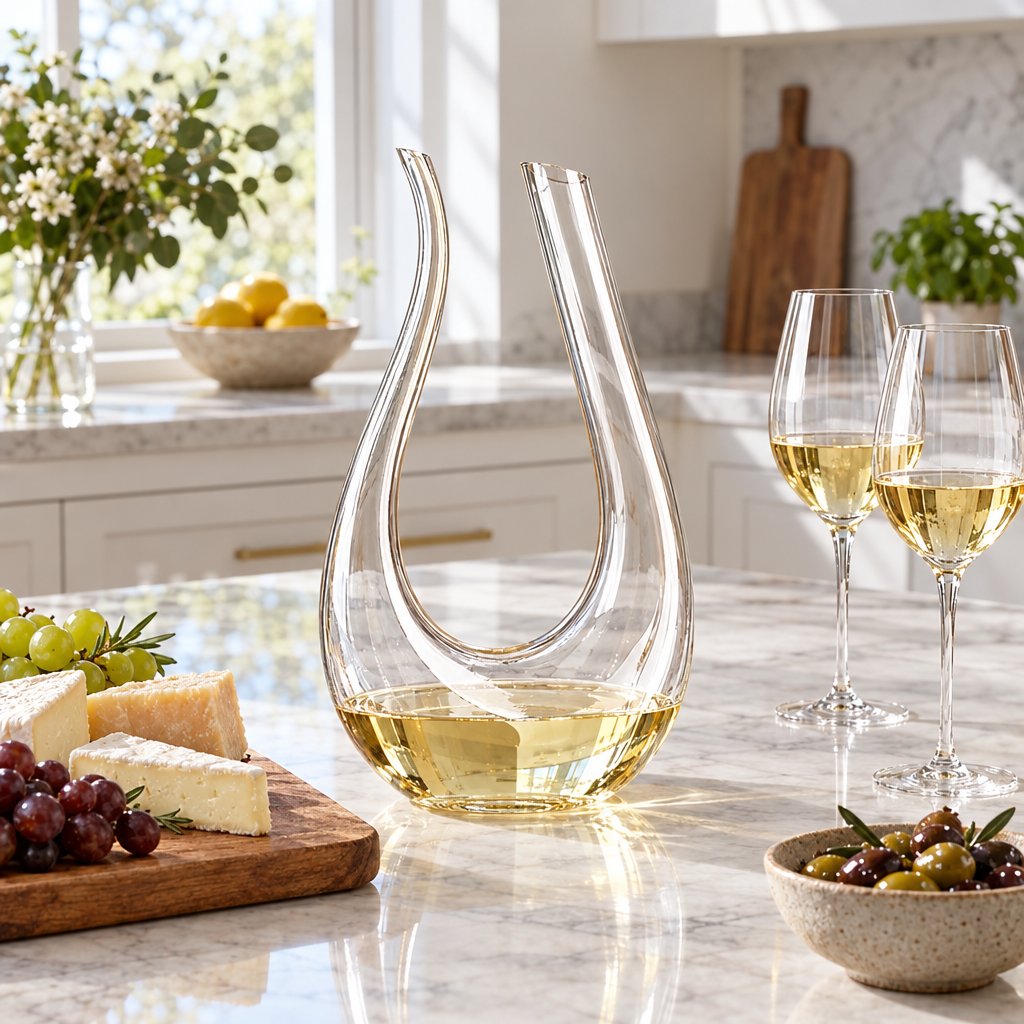 Clear U shaped glass wine decanter holding white wine on a marble kitchen island beside two glasses of white wine, a cheese and grape board and a bowl of olives