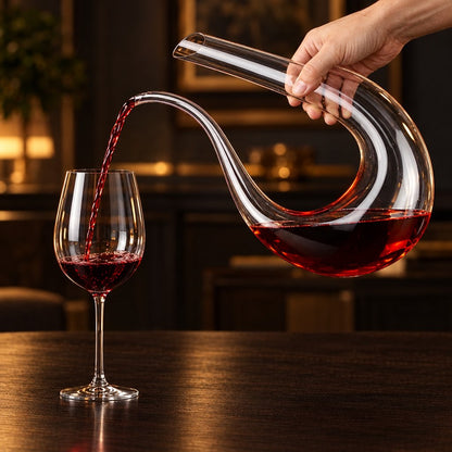 Hand tilting a clear U shaped glass wine decanter to pour red wine into a wine glass on a dark table