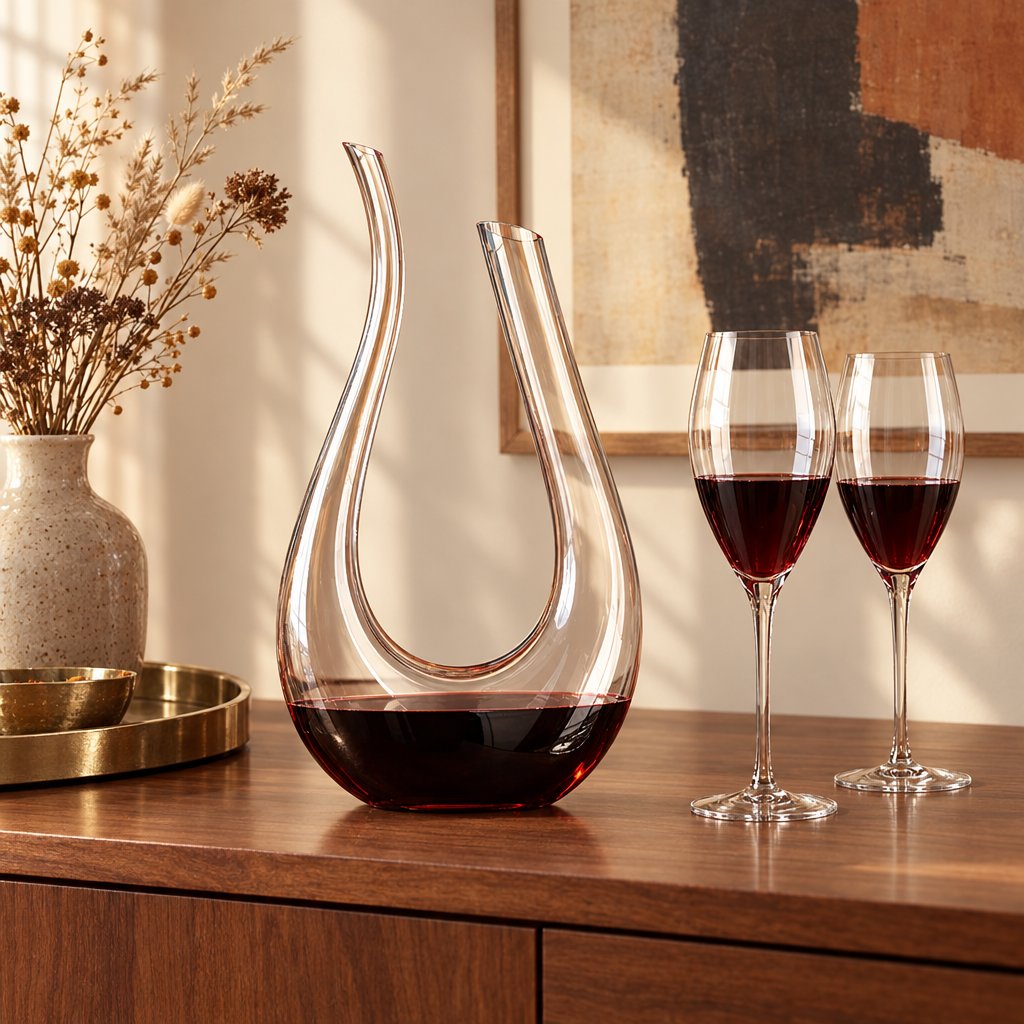 Clear U shaped glass wine decanter holding red wine on a wooden sideboard beside two glasses of red wine, a brass tray and a vase of dried stems