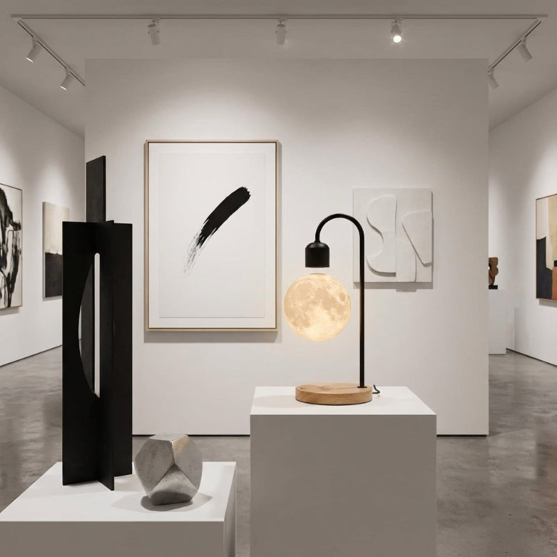 Selene floating moon lamp with wireless charging in modern gallery-style interior