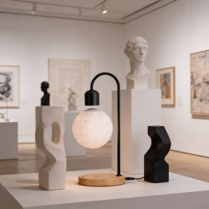 Selene floating moon lamp with wireless charging on console table in modern interior